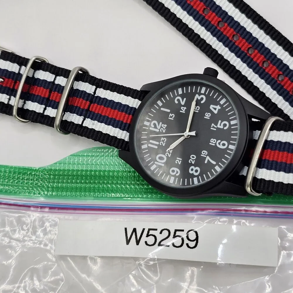 Men's Military Field Watch 42MM Black Case Black Dial Multicolor‎ Canvas Band